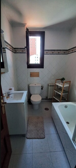 Hair dryer, towels, soap, toilet paper