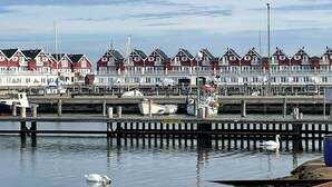 Uitzicht op het water met een rij rode en witte huizen, boten afgemeerd aan de steiger en een zwaan die in het water zwemt.