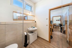 Shower, hair dryer, towels - Apartment 'Am See' with Private Terrace, Wi-Fi and Air Conditioning (Großsteinberg)