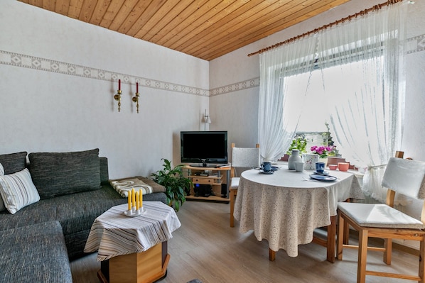 Ein gemütliches Wohnzimmer mit einer Couch, einem Fernseher, einem Esstisch mit Stühlen und einem Fenster mit Vorhängen.