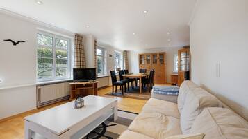 Tv, eldstad, dvd-spelare och en stereo