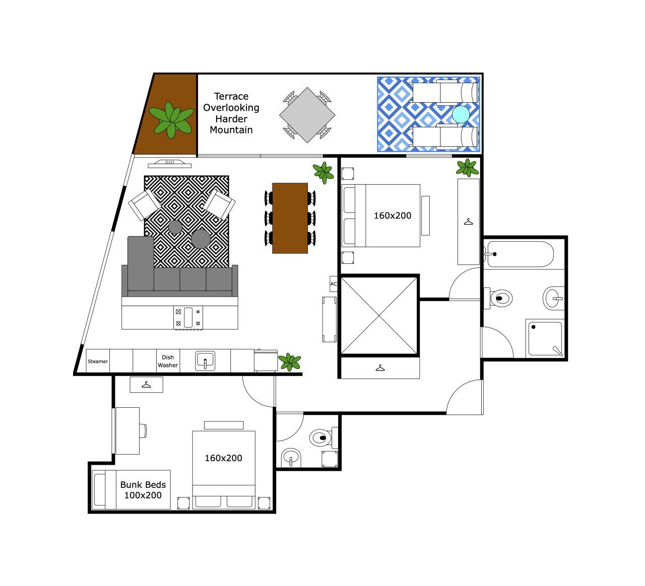 Een hotelplattegrond met een terras, een eetgedeelte, een kamer van 160x200, een kamer met een stapelbed van 100x200, en een badkamer van 160x200.
