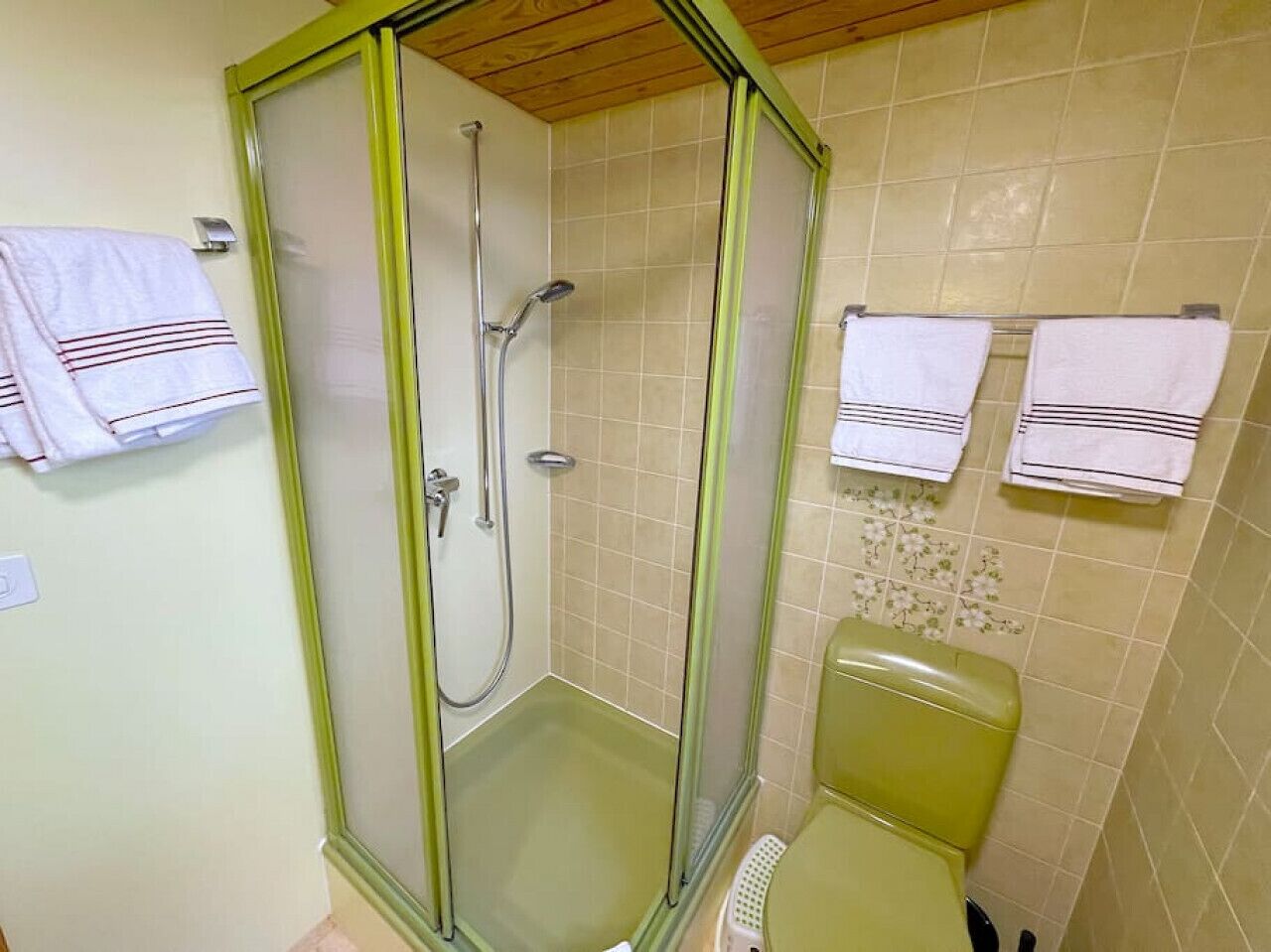 Ein kleines Badezimmer mit Duschkabine, Toilette und zwei Handtüchern, die an der Wand hängen.