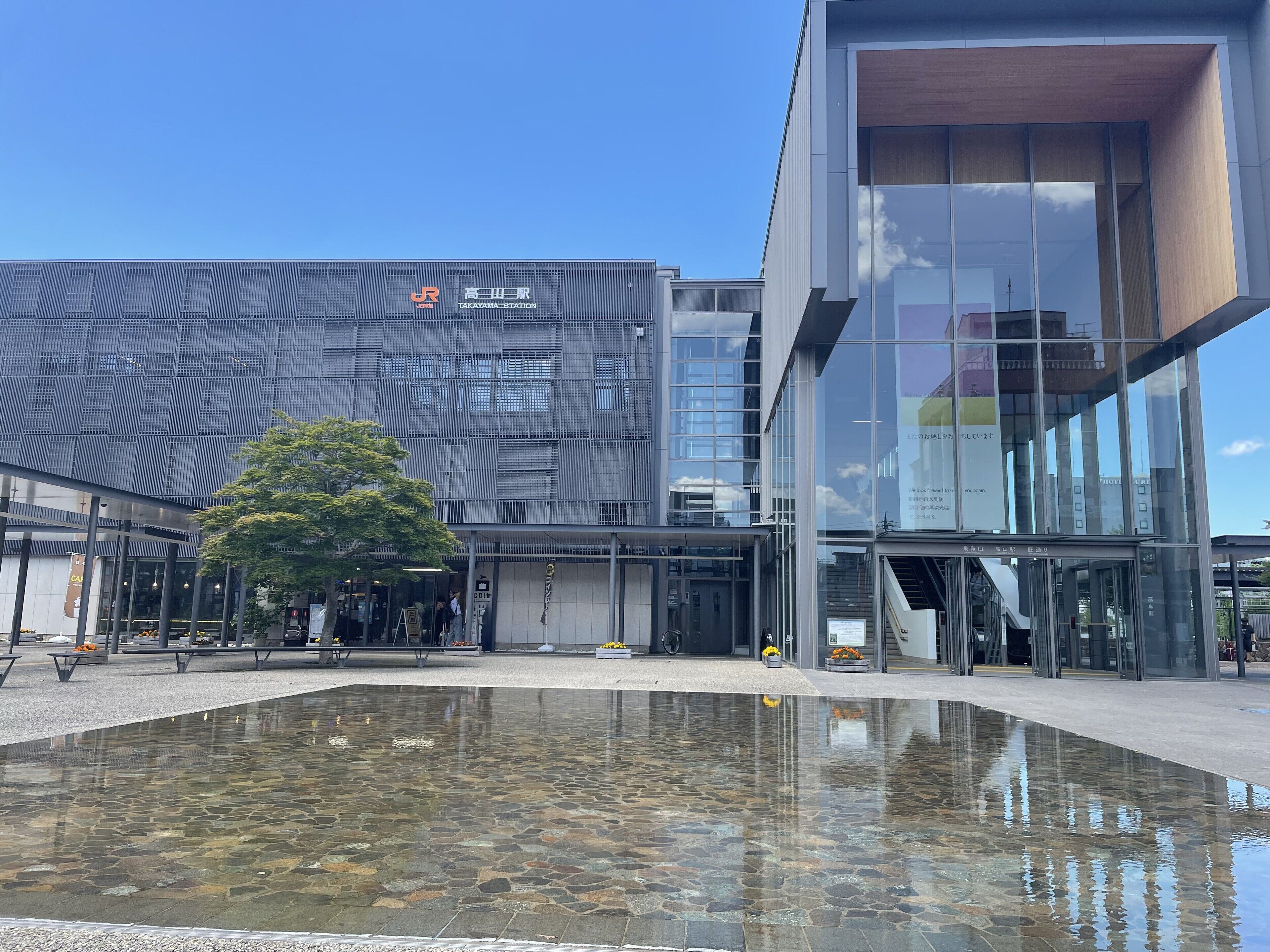 A modern building with a reflective water feature in front, a large tree, and a clear sky.