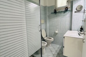 Chuveiro, secador de cabelo, bidê, toalhas de banho