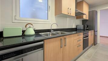 Fridge, microwave, oven, electric kettle