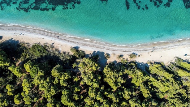 An aerial view of a beach with clear turquoise waters and dense green forest.