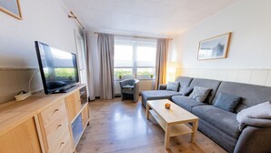A living room with a sofa, a coffee table, a TV on a wooden cabinet, and a window with curtains. - "Windstille" - your retreat at the Deichkieker guesthouse - pets allowed (Wangerland)