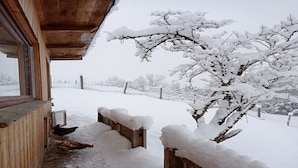 A wooden building with a snow-covered exterior and a chicken coop adjacent to it. - Apartment in Stans near Wolfsklamm River (Stans)