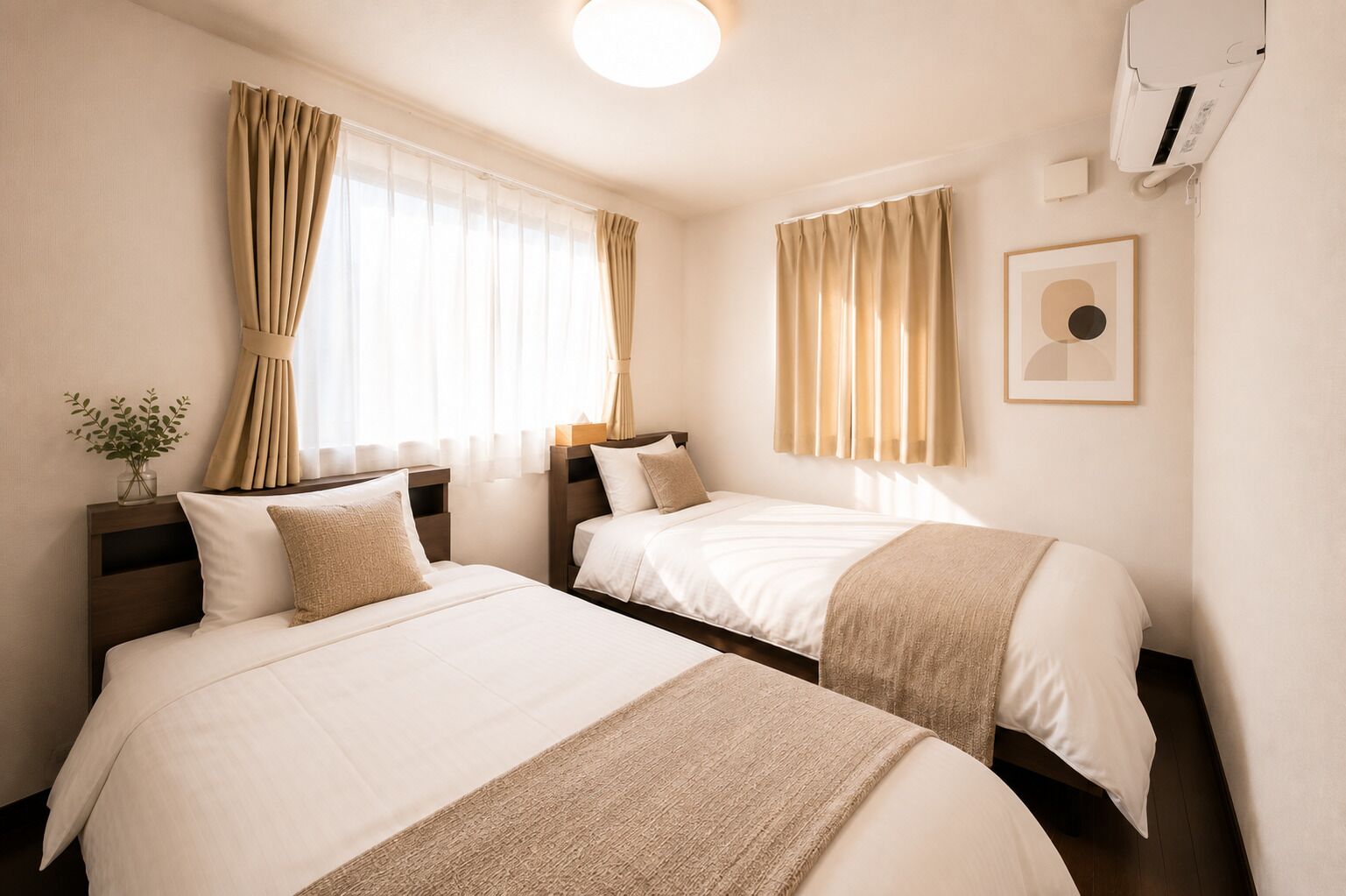 A hotel room with two beds, a bedside table with a lamp, a wall-mounted air conditioner, and a framed picture on the wall.