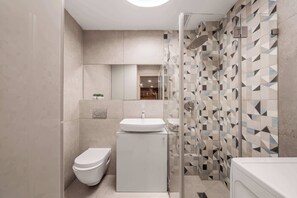 Shower, hair dryer, towels