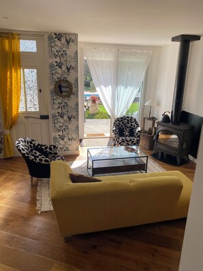 TV, fireplace, books