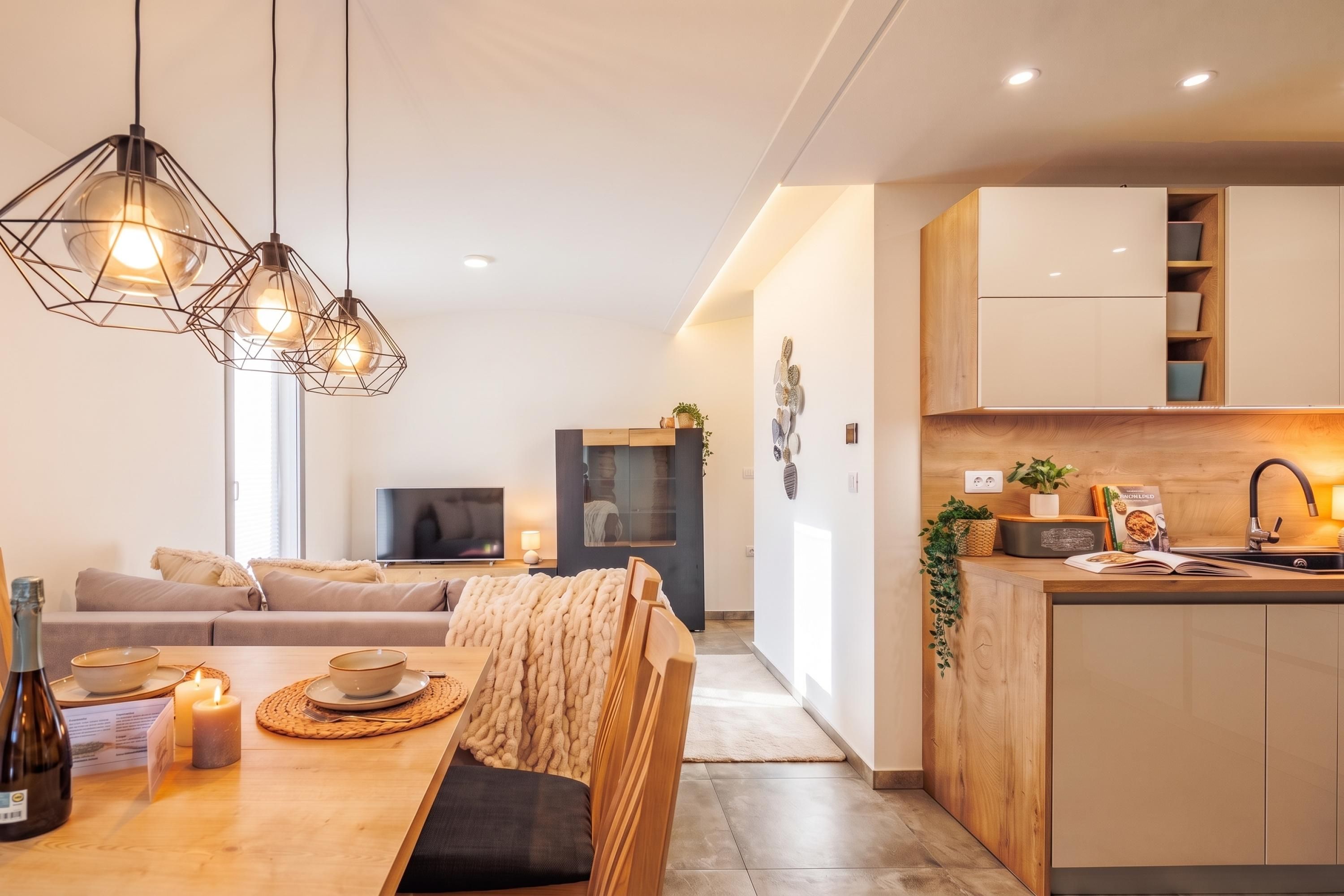 A modern kitchen with wooden cabinets, a built-in oven, and a sink.