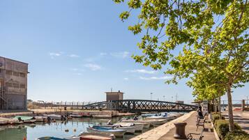 A marina with boats docked, a pedestrian walkway, and a bridge in the background.