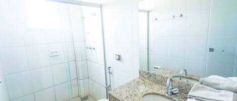 Shower, towels, soap, toilet paper