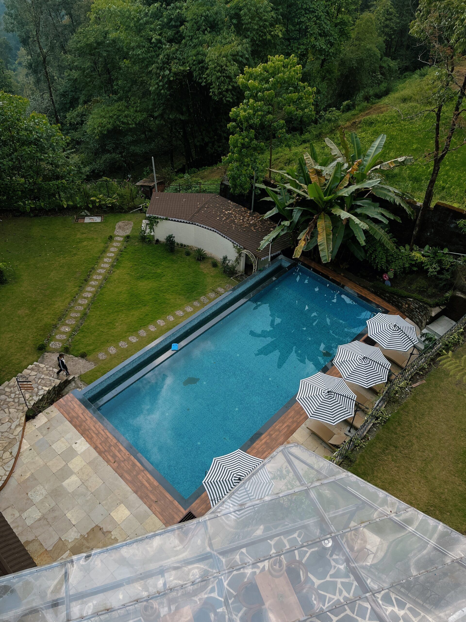 A rectangular swimming pool with a tiled deck, surrounded by a lush green garden and a stone wall.