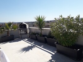 Terraza en la azotea con plantas en macetas, zona de barbacoa y vistas a la ciudad.