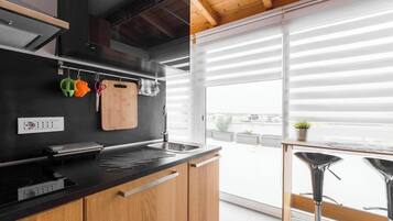 Panoramic-Penthouse | Eigene Kochnische | Großer Kühlschrank, Mikrowelle, Ofen, Herdplatte