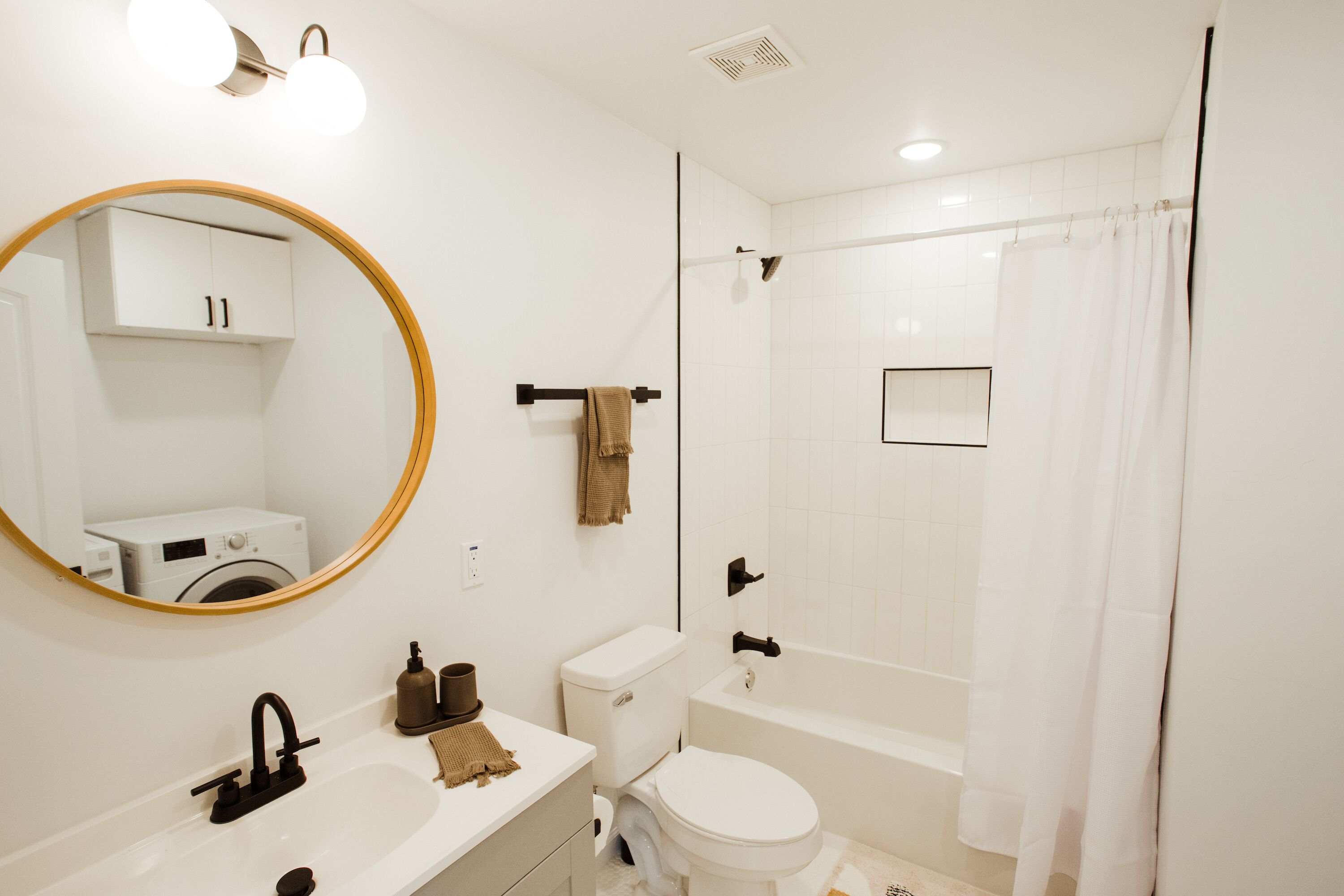 Hair dryer, towels, soap, toilet paper