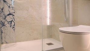 Ett badrum med en dusch som är avskärmad med glasväggar, en vit toalett och väggar klädda med marmor.