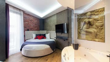 Premium bedding, desk, laptop workspace, iron/ironing board
