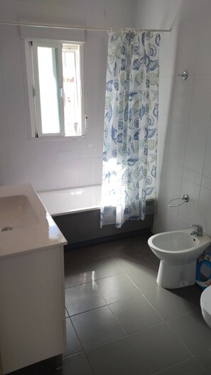 Secador de pelo, bidé, toallas y papel higiénico
