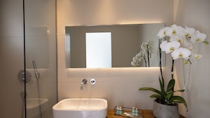 A modern bathroom with a white sink, a mirror, and a potted orchid. - Akrogiali Garden Hotel (Hersonissos)