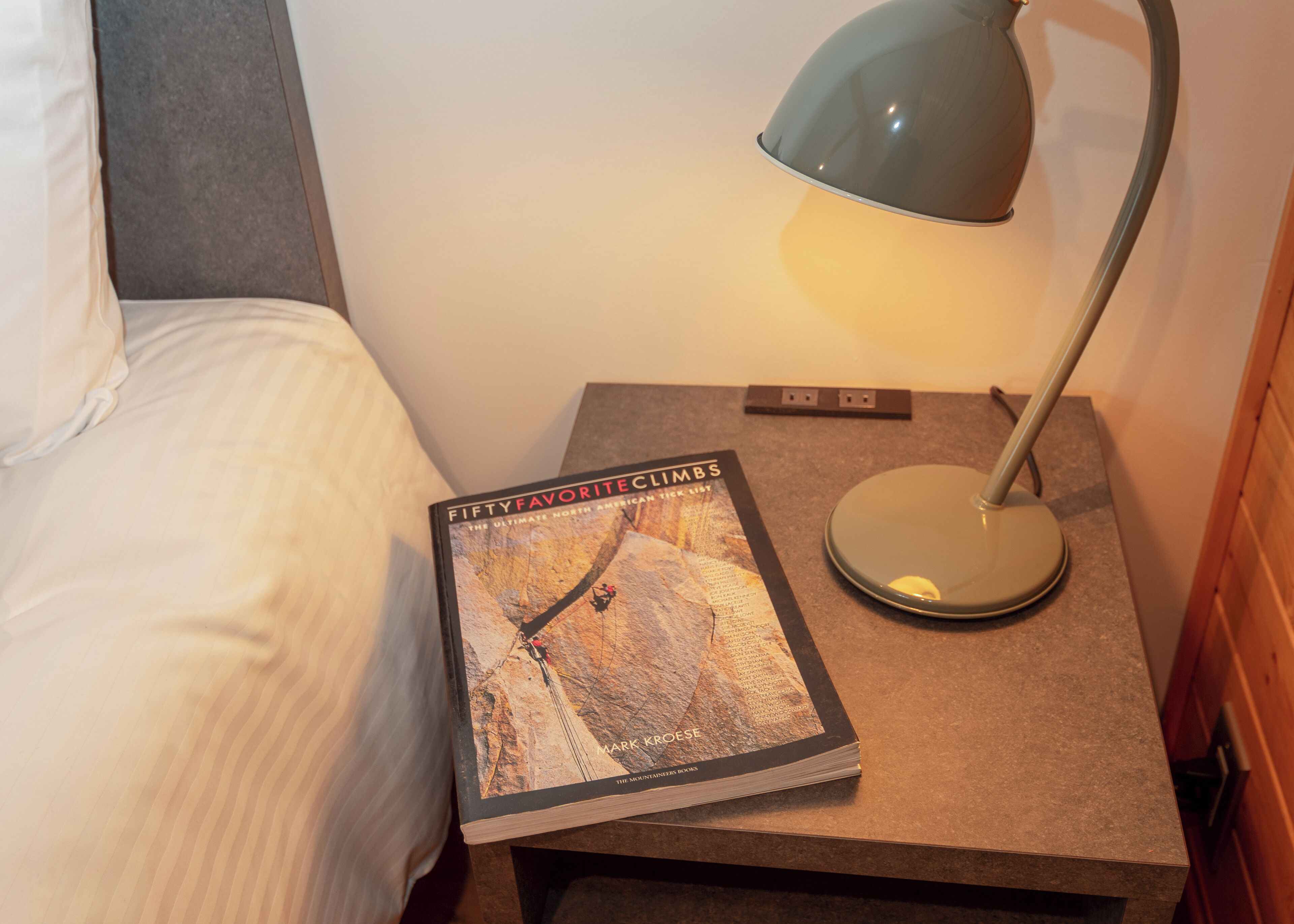 A bed with a white comforter, a bedside table with a book titled 'Fifty Favorite Limbs', and a modern lamp.