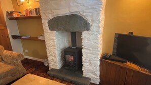 Una sala de estar acogedora con chimenea de piedra, un televisor y una alfombra estampada.