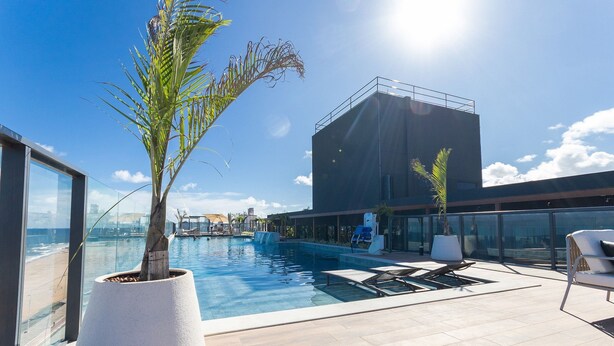 En pool på taget med udsigt over havet, en stor plantekasse og moderne udendørs møbler.