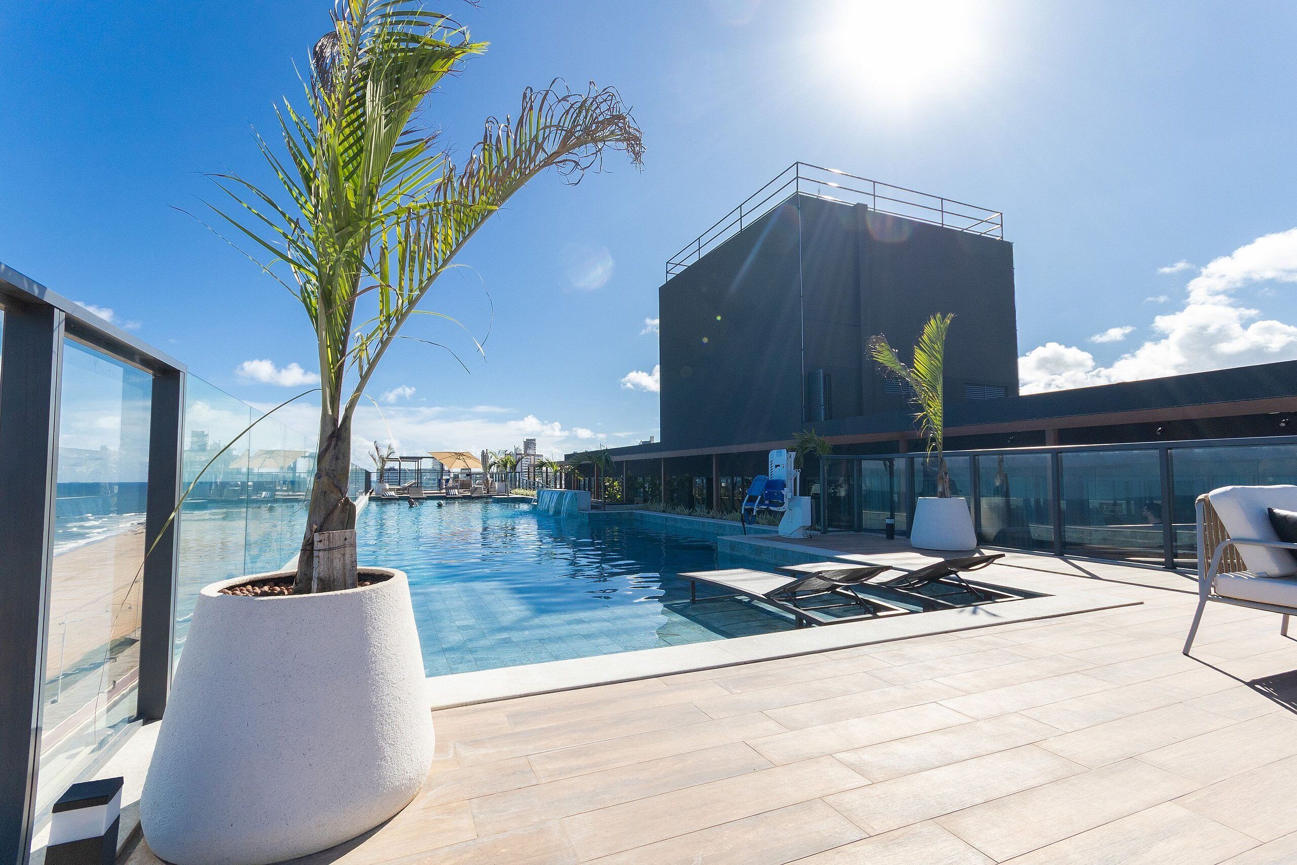 Outdoor pool, pool umbrellas, pool loungers