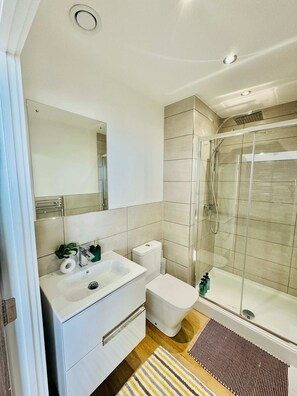 Shower, hair dryer, towels, soap