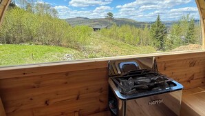 Une structure en forme de dôme, faite de bois, offrant une vue sur un paysage verdoyant et des collines.