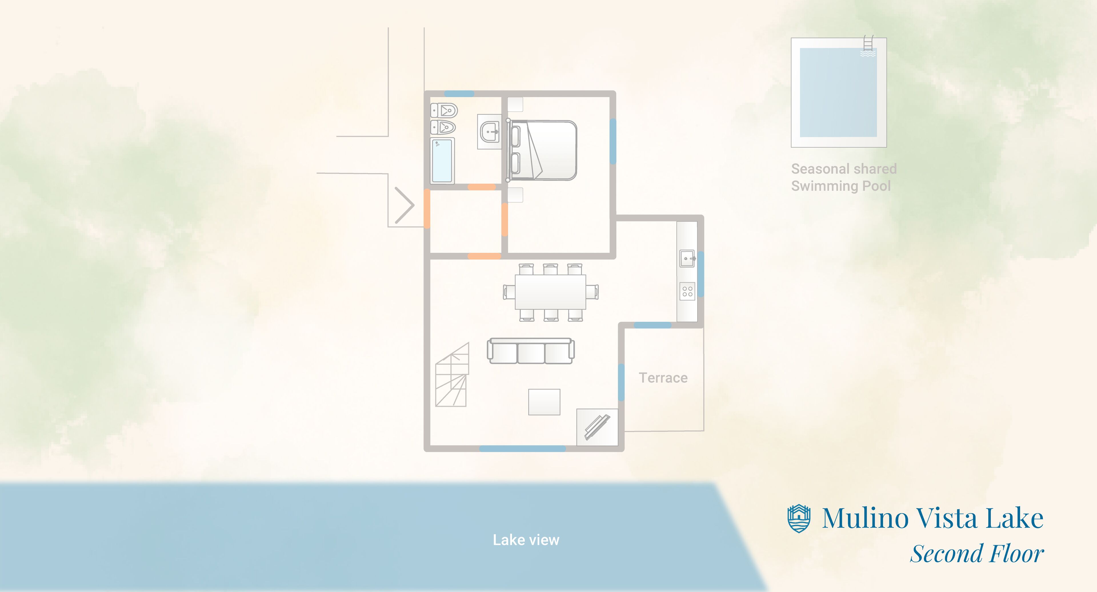 A floor plan of Mulino Vista Lake's second floor, including a seasonal shared swimming pool, a terrace, and a lake view.