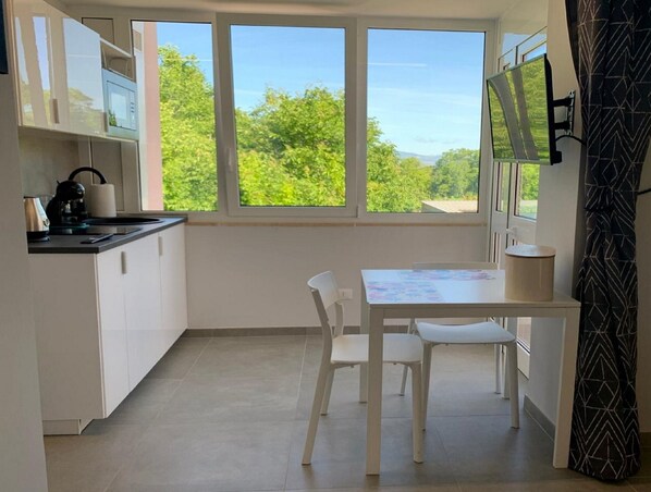 Panoramic Studio, 1 King Bed, Valley View | Living area | 32-inch Smart TV with digital channels, heated floors
