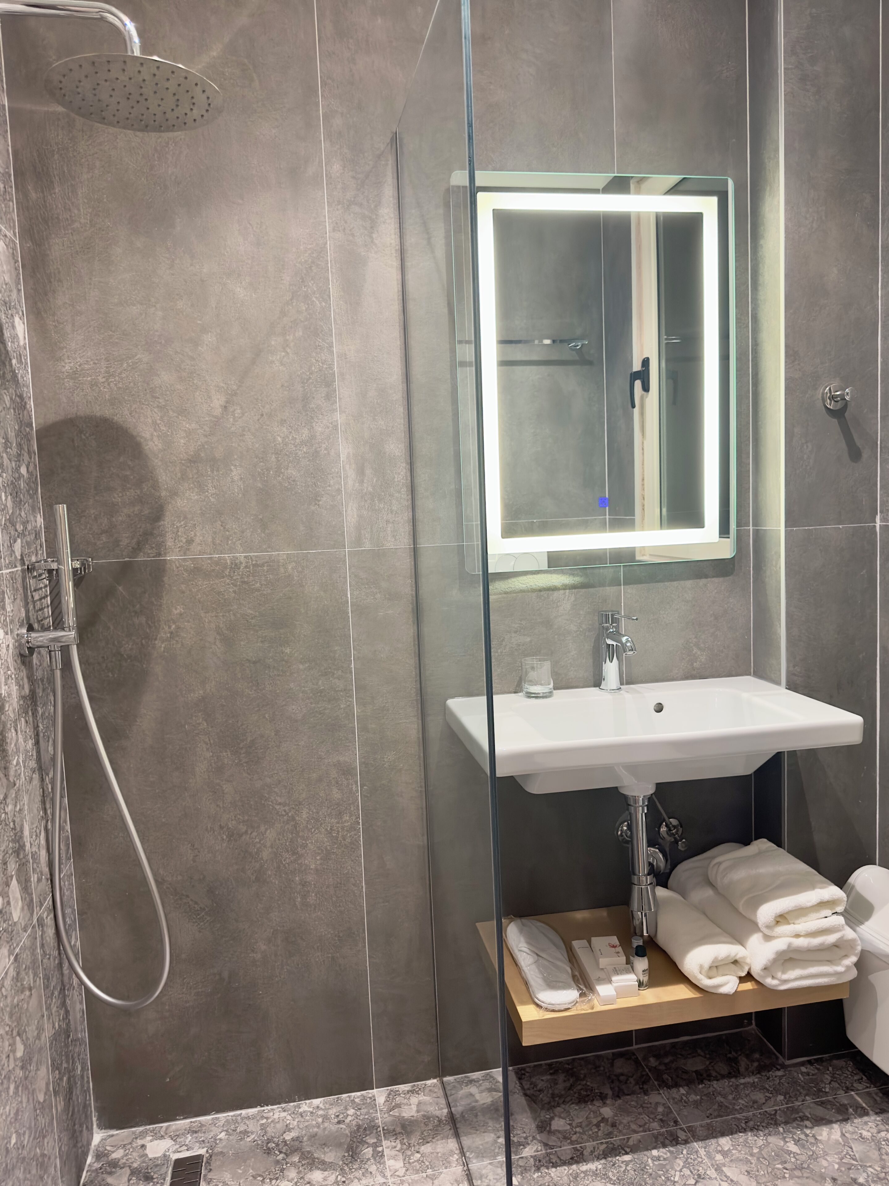 A modern bathroom with a glass-enclosed shower, a white sink, and a mirror above it.