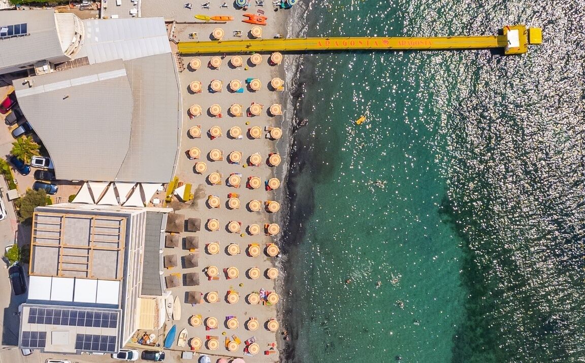 An aerial view of a beach with rows of umbrellas and a pier extending into the water.