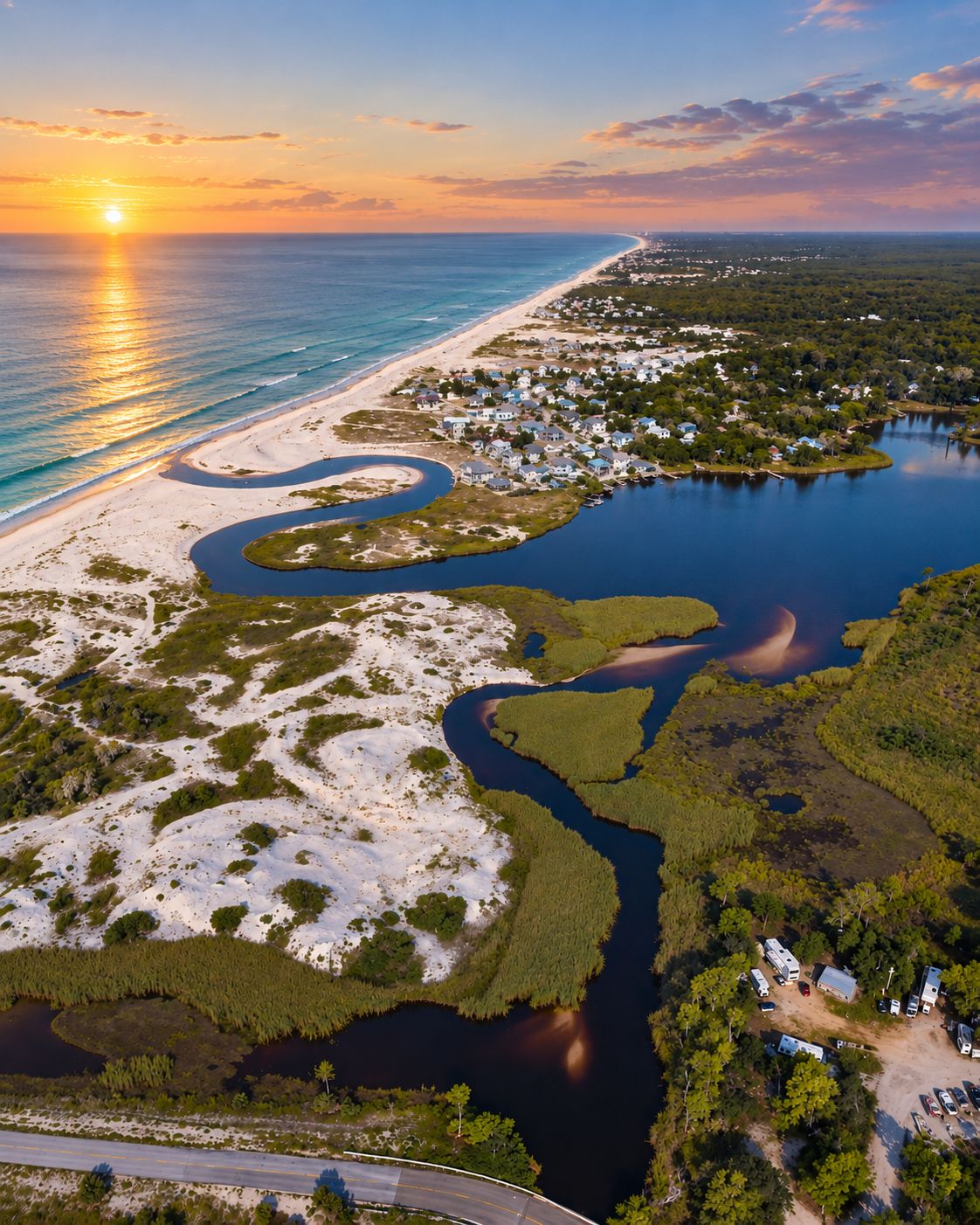 Vista aérea de una zona costera con una vía fluvial sinuosa, una playa y una área residencial con casas y vegetación.