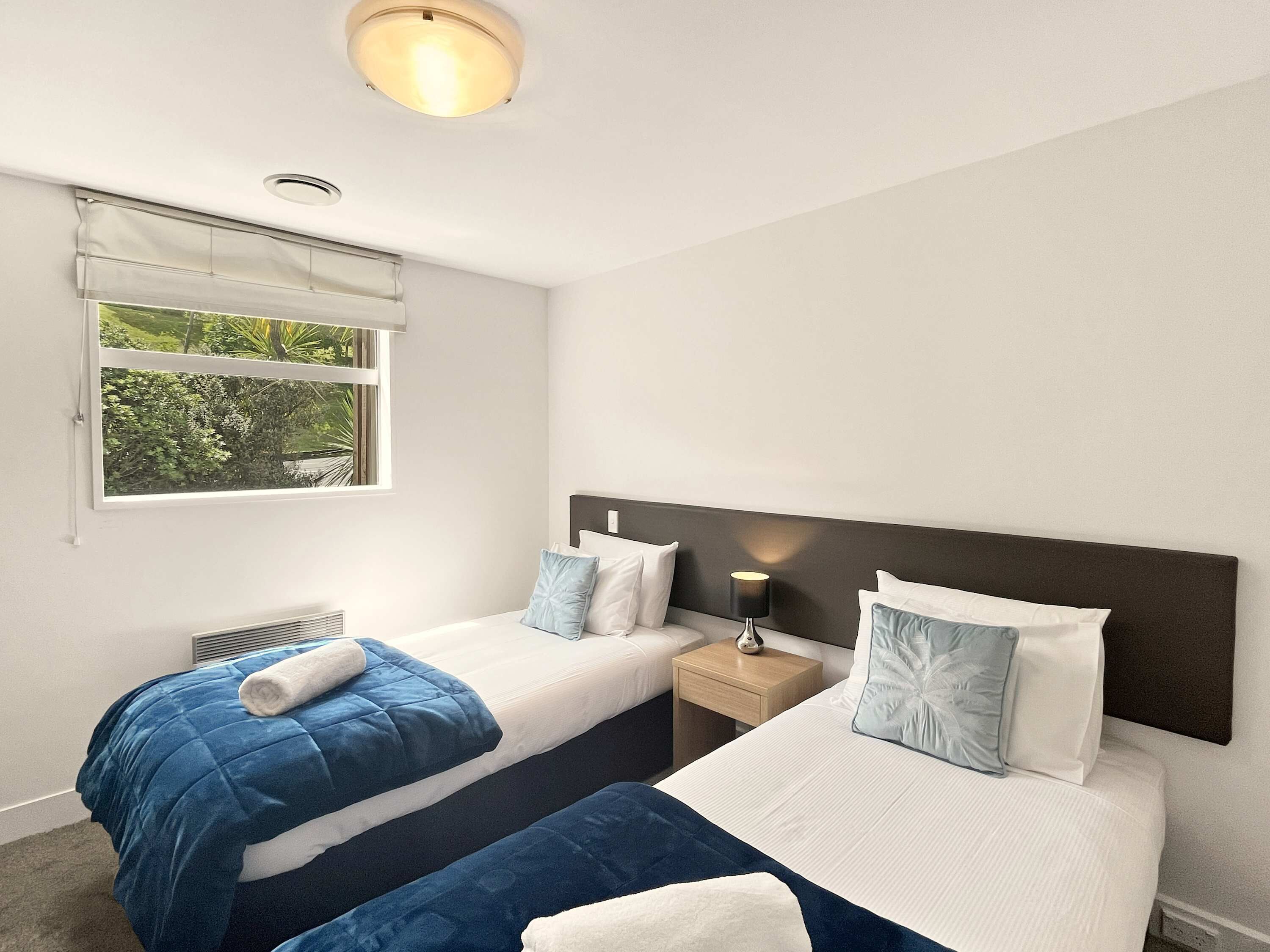 Una habitación de hotel con dos camas, una ventana que ofrece vistas a zonas verdes, una mesita de noche con lámpara e iluminación en el techo.