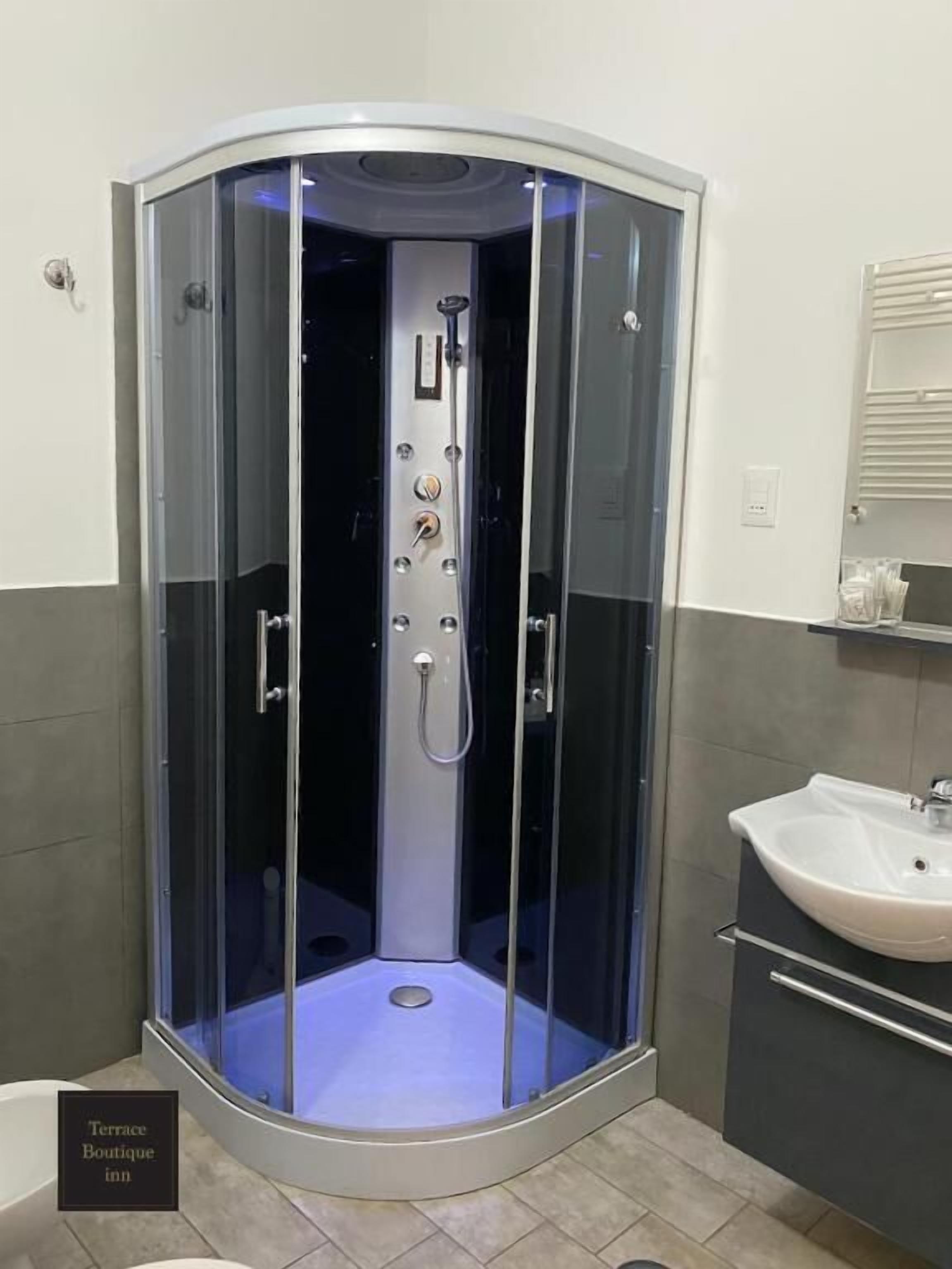 A corner shower enclosure with a glass door, a handheld showerhead, and a control panel.