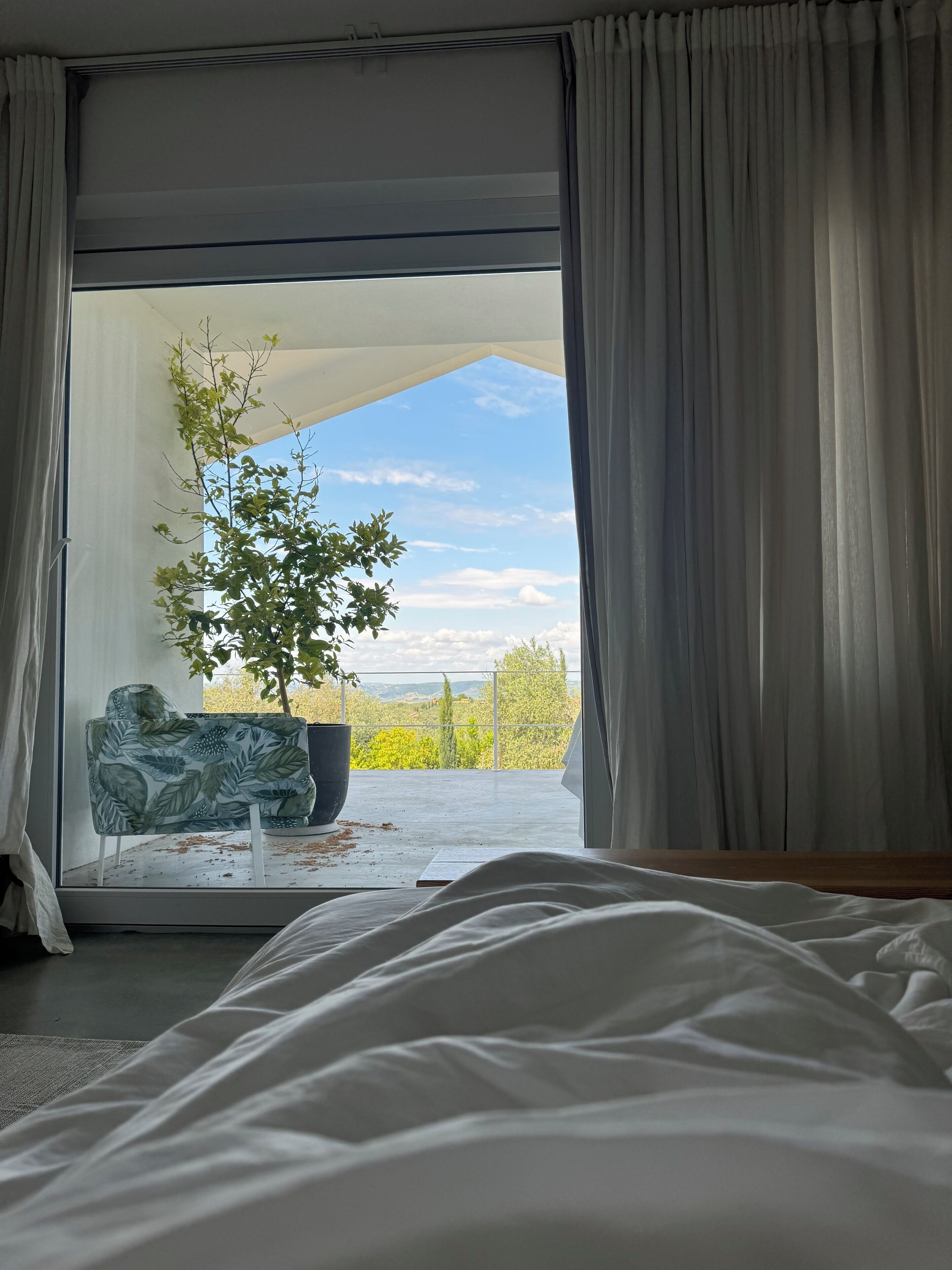Ein Schlafzimmer mit großem Fenster, einem Blumentopf und Blick auf Grün.