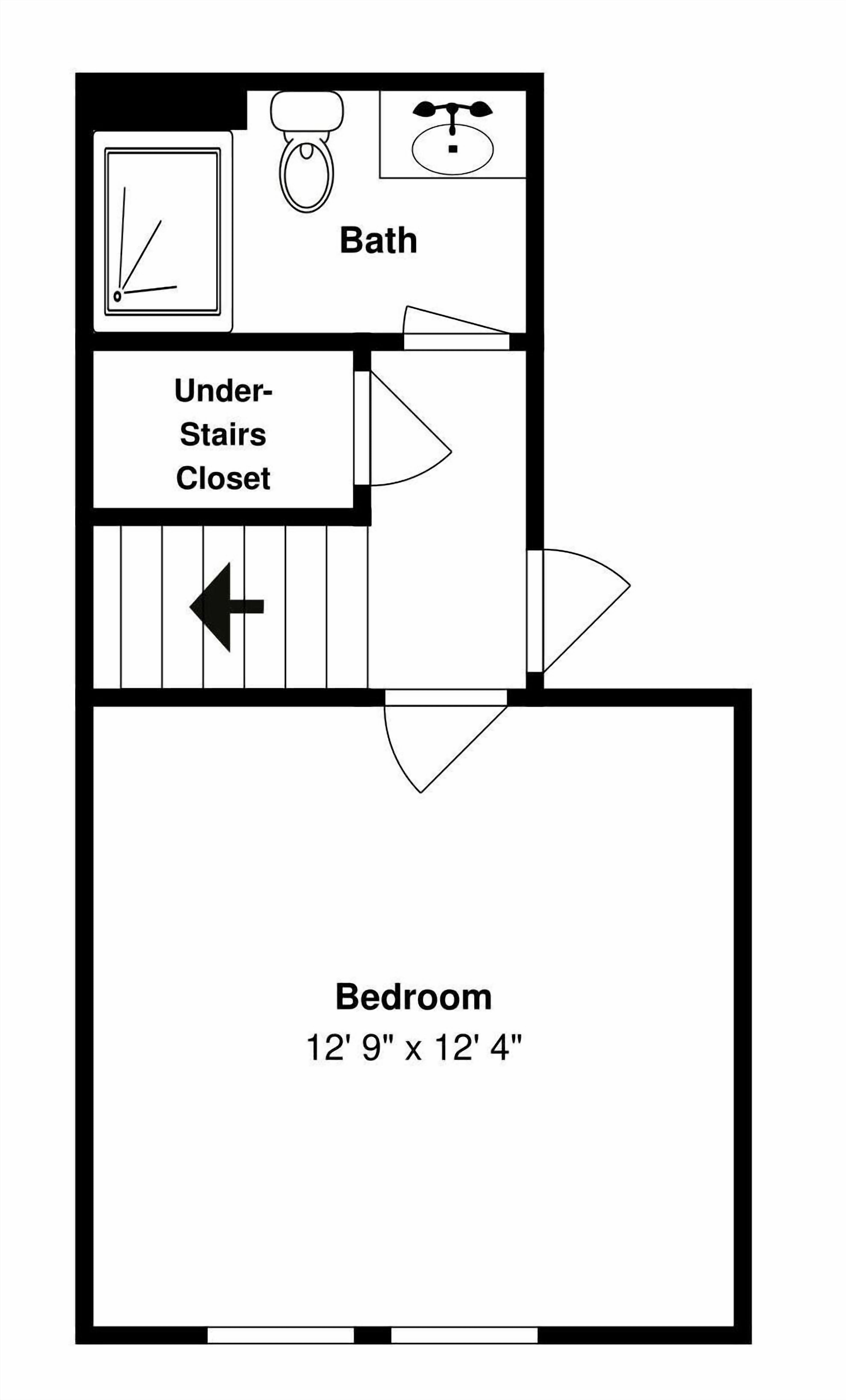 Een plattegrond met een slaapkamer van 3,8 bij 3,7 meter, een inloopkast onder de trap en een badkamer.