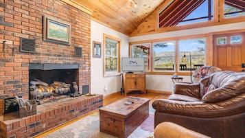 Smart TV, lareira, DVD player, livros