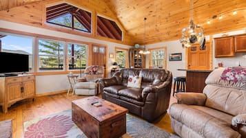 Smart TV, lareira, DVD player, livros