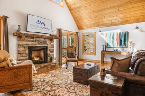 Smart TV, chimenea y libros 