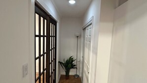A hallway with a striped rug, a potted plant, and a ceiling light.