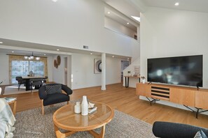 Télévision, cheminée, livres, espaces bureaux