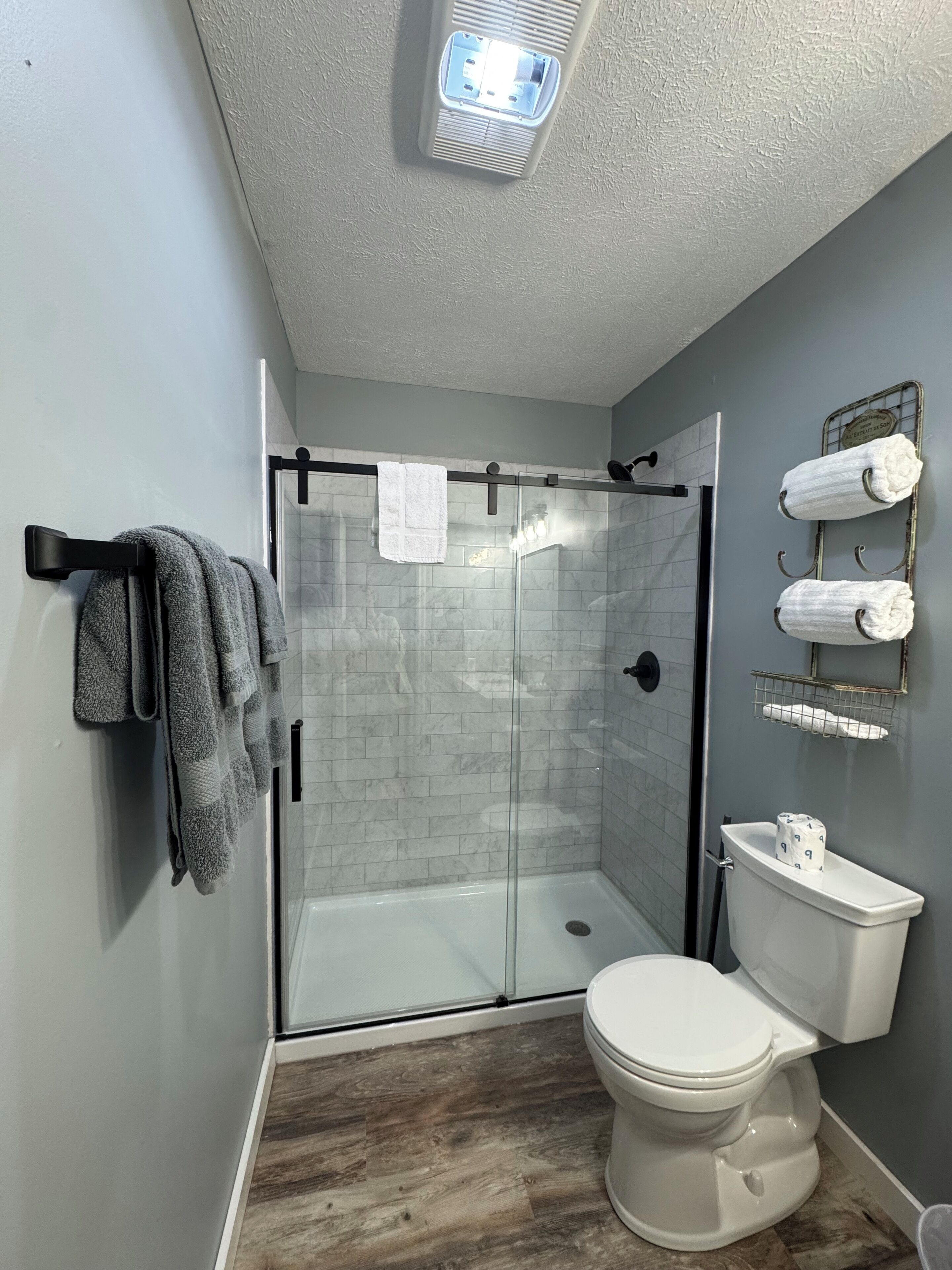 Une salle de bain moderne avec une douche à parois de verre, des toilettes et un porte-serviettes avec des serviettes.