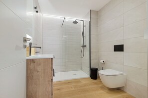 Shower, hair dryer, bidet, towels