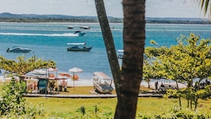 Une vue sur la plage, avec des palmiers, des bateaux et un ciel dégagé.